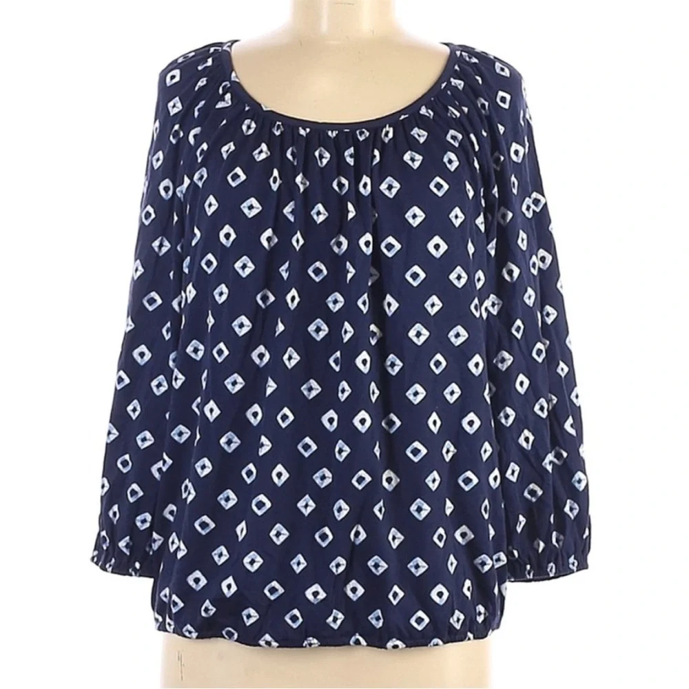 Michael Kors Navy Geometric Print Top M 3/4 Sleeve Scoop Neck Blouse Workwear